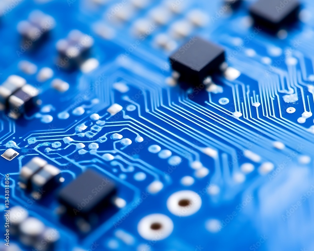 Poster close up image of a blue circuit board with components