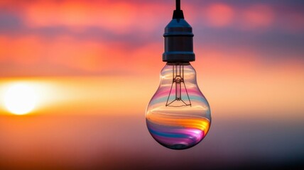 Clear incandescent light bulb suspended in mid-air with sunset reflections on glass, set against a vibrant sky with warm orange and pink hues