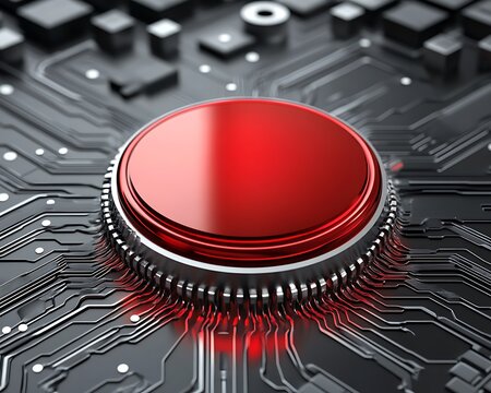 A shiny red button sits on a dark circuit board design