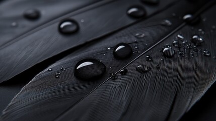 Close-Up of Black Feathers with Water Drops Glimmering in Light