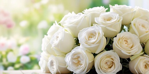 Obraz premium A breathtaking bouquet of creamy white roses, elegantly arranged, sits against a soft, blurred background of pastel flowers. A symbol of purity and grace.