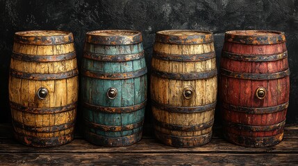 Four vintage wooden barrels in a rustic setting with textured background