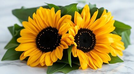 Fototapeta premium Two vibrant yellow sunflowers with black centers and green leaves