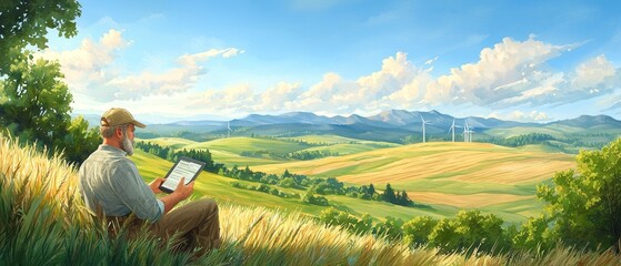 Fototapeta premium Professional evaluating carbon footprint metrics in scenic landscape rural environment digital analysis perspective