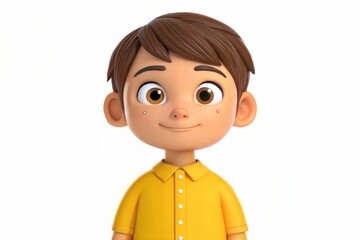Obraz premium Cartoon Child with Brown Hair in Yellow Shirt 3D Illustration