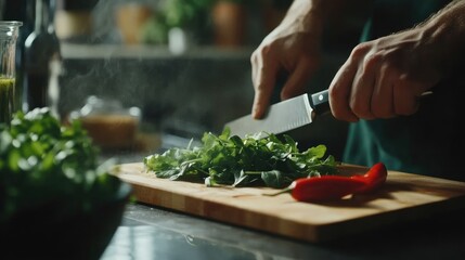 A chef skillfully chopping fresh herbs and red chili peppers on a wooden cutting board in a cozy kitchen