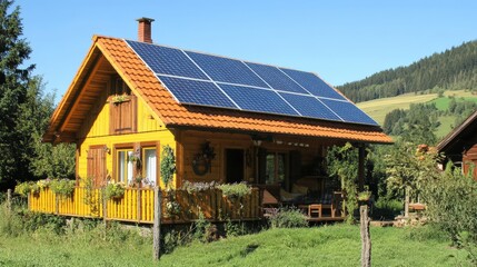 Yellow Cabin With Solar Panels On Roof In Mountain Setting