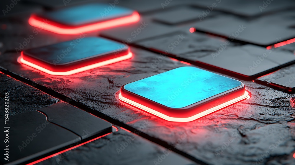 Poster illuminated futuristic squares arranged on a textured technological surface