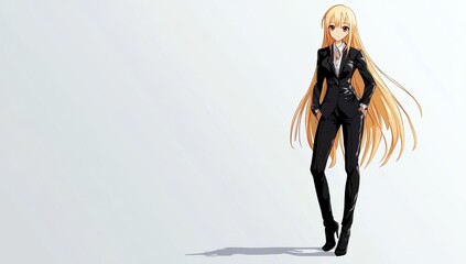 Elegant businesswoman in a sleek black suit with long blonde hair