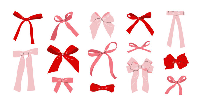 Set of hand drawn simple bows, bow knots, bow ties, ribbons, and hair bows. Isolated elements on white background. Collection of various red and pink bows in flat style for celebration designs. Vector