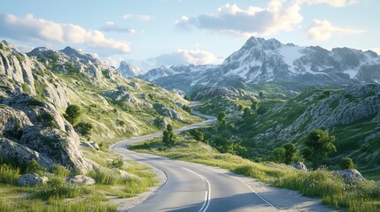 Naklejka premium A serene mountain road curves gently through lush greenery beneath a vast blue sky