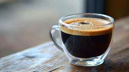 Exquisite Long Black Coffee in Clear Glass Cup on Rustic Wooden Table in a Café Setting