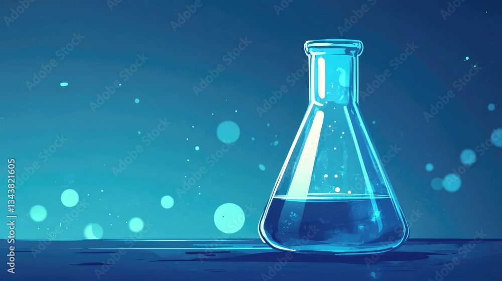 Poster a glowing laboratory flask filled with blue liquid, surrounded by floating light particles in a sere