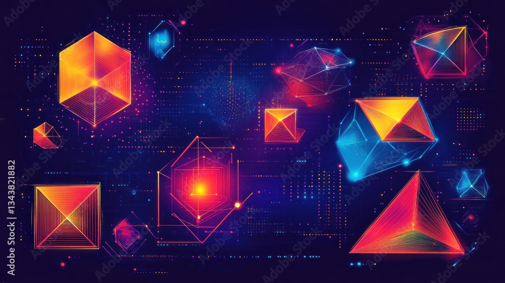 Poster abstract geometric shapes in a digital space: vibrant polygons and networks