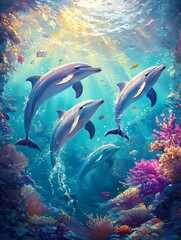 Fototapeta premium Dolphins swim among colorful coral reefs.