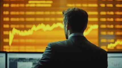 A businessman analyzing stock market trends on a digital screen