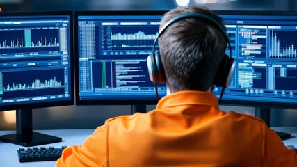 person wearing headphones analyzes extensive data on multiple screens in a tech workspace at night