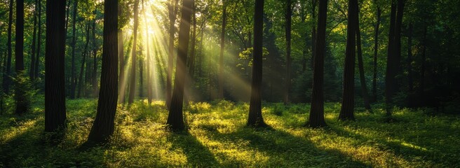 Fototapeta premium Sunlight filtering through a dense forest, casting beautiful shadows.