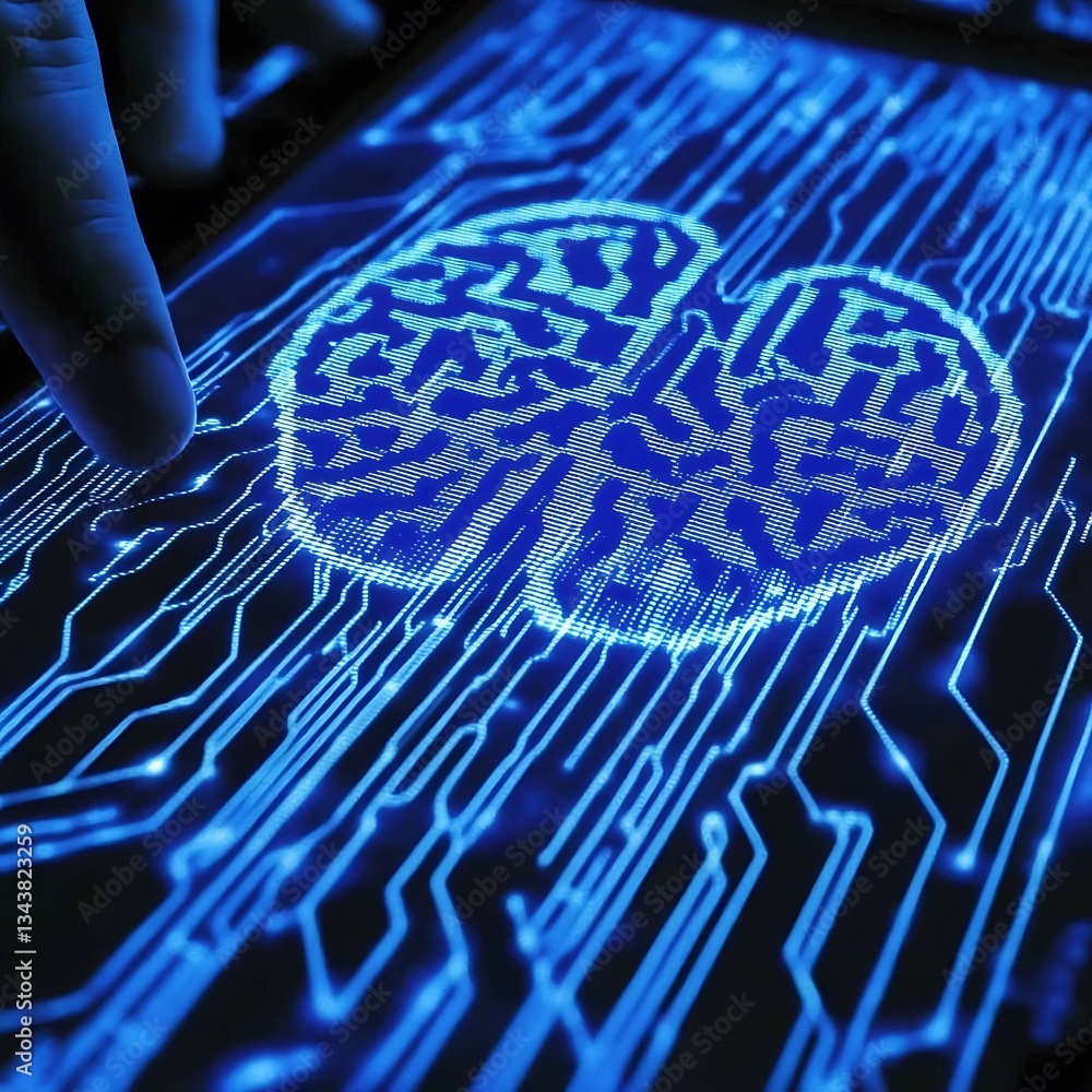 Poster a glowing digital brain on a circuit board display screen
