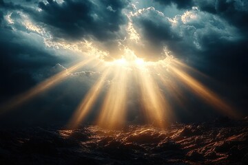 Dramatic landscape with sunlight breaking through stormy clouds and epic cinematic lighting