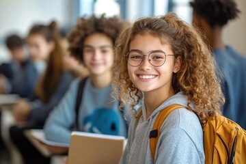 Fototapeta premium Happy Smiling Female University Student with Notebook in Classroom Surrounded by Classmates