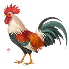 Fototapeta premium rooster, prominently displayed against a transparent background. The rooster is depicted in a standing position, showcasing its vibrant plumage.