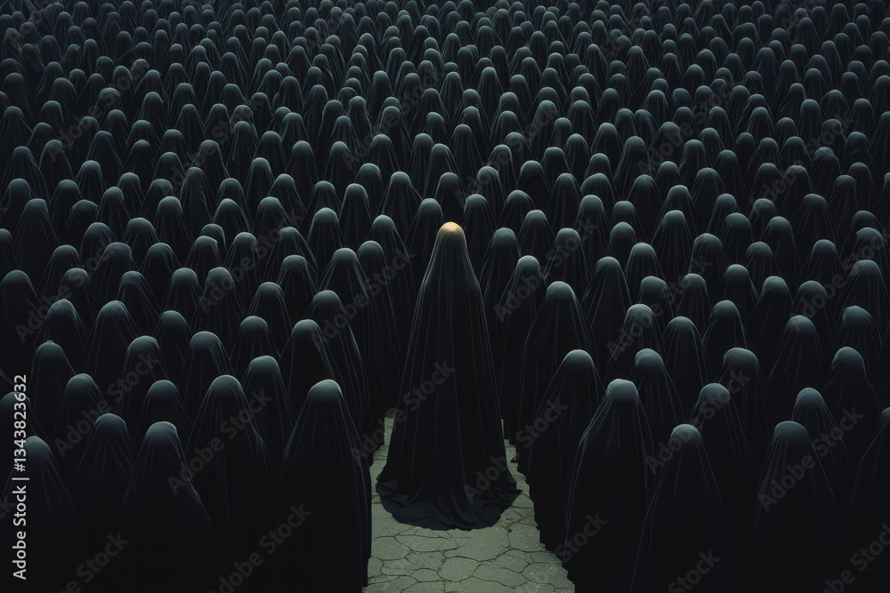 Poster A queen without a kingdom standing in the center of a faceless crowd, the only one whose reflection