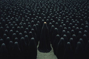 Obraz premium A queen without a kingdom standing in the center of a faceless crowd, the only one whose reflection
