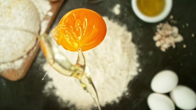 Super Slow Motion of Falling Raw Egg into Flour. Filmed on High Speed Cinema Camera, 1000fps, Placed on High Speed Cine Bot. Camera in Motion, Following Objects. Cooking Concept.