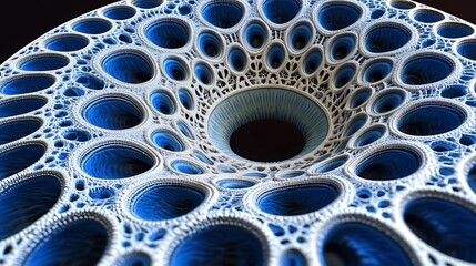 Abstract digital artwork shows a complex geometric blue and white pattern