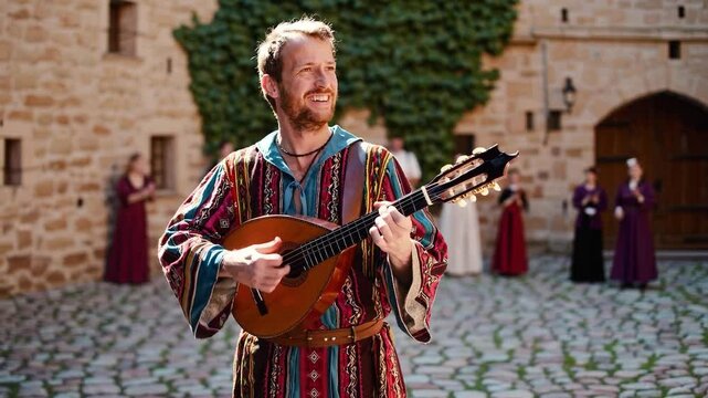 Joyful Young Man Playing Lute in Colorful Medieval Garb at an Outdoor Festival with Engaged Audience in Historical Setting