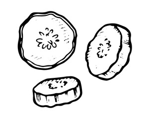 Vector set of hand drawn cucumber slices in black and white. Detailed engraving style illustration featuring fresh, pickled, and chopped pieces. Perfect for vintage kitchen and healthy food designs
