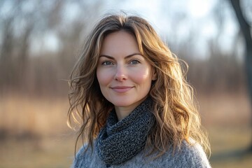 Naklejka premium A beautiful woman smiles gently in the natural outdoor light
