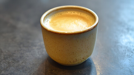 Velvety Flat White Coffee in a Rustic Ceramic Cup on a Textured Surface in Natural Light