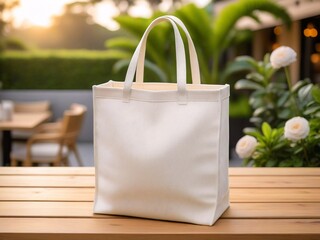 A white tote bag sits on a wooden table, with a blurred background of a garden and a building.