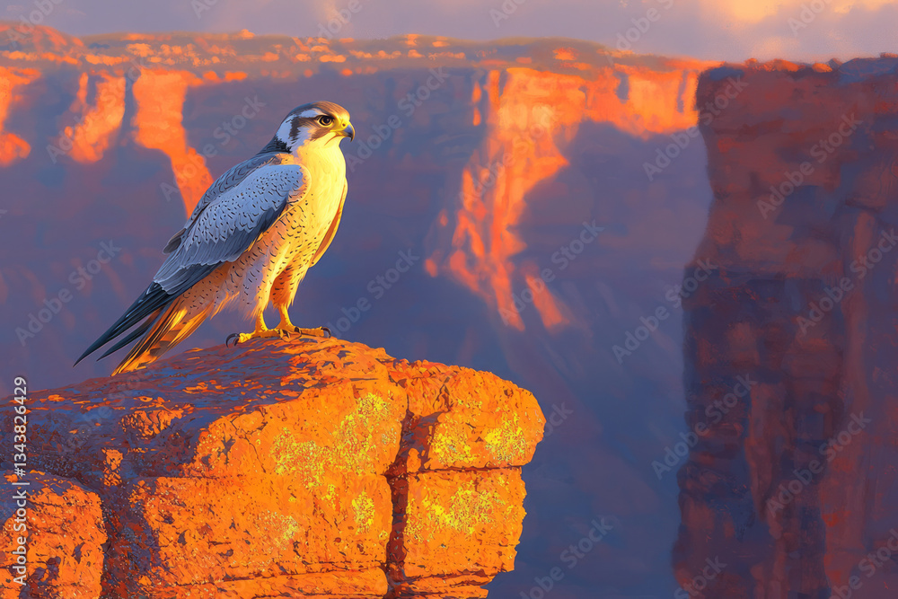 Poster a hyper-realistic lithograph of a lone peregrine falcon perched on a jagged cliff edge, the deep