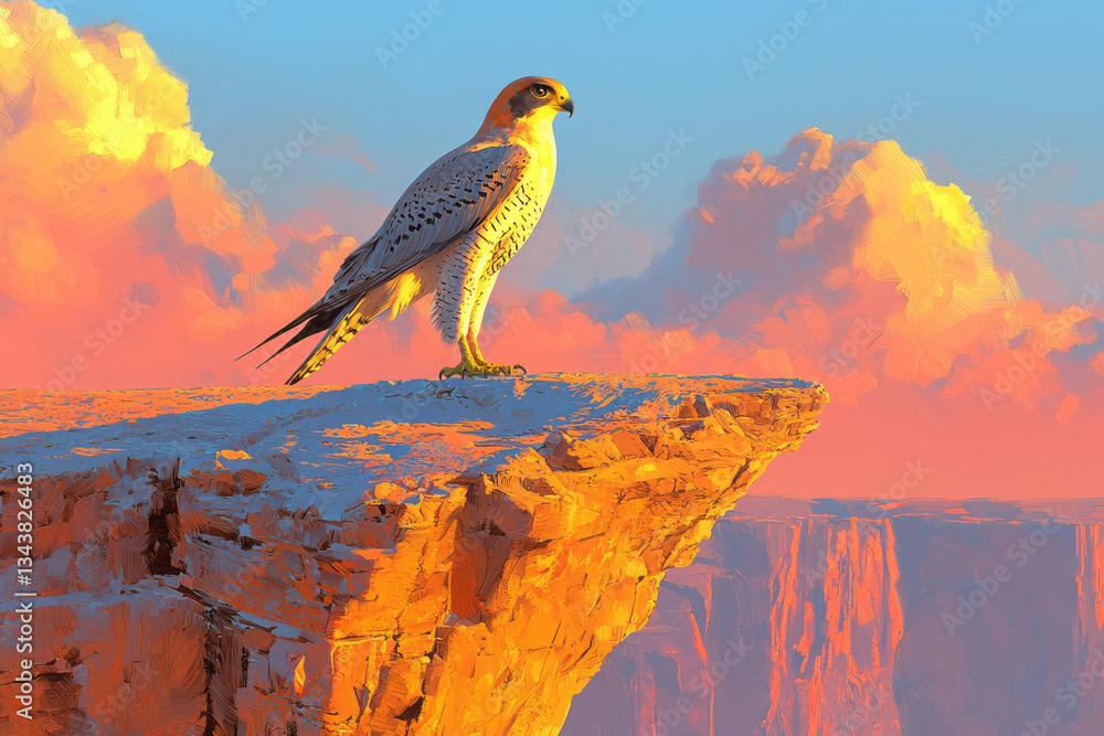 Poster a hyper-realistic lithograph of a lone peregrine falcon perched on a jagged cliff edge, the deep