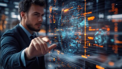 Business Professional Engaging with Holographic Data Presentation in Advanced Office Setting