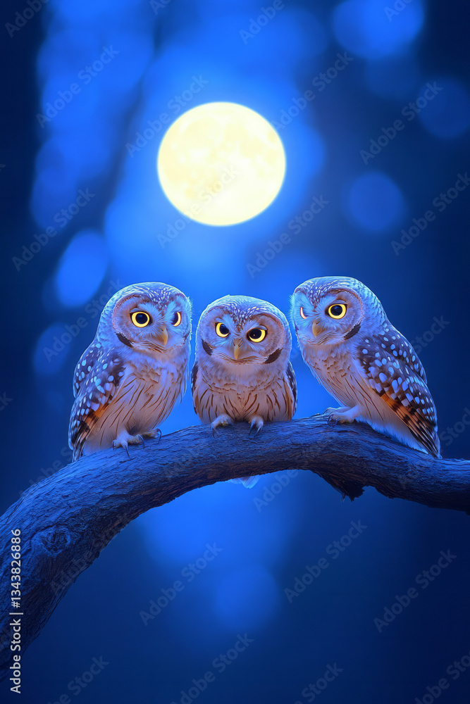 Aufkleber a group of three spotted owls perched on a weathered tree branch, illuminated by soft moonlight
