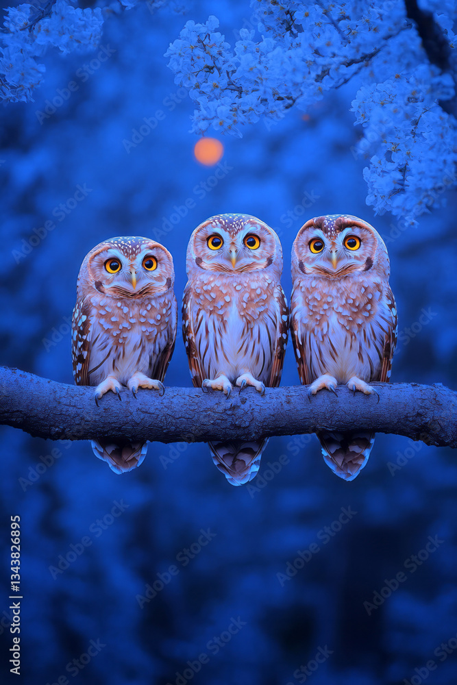 Poster a group of three spotted owls perched on a weathered tree branch, illuminated by soft moonlight