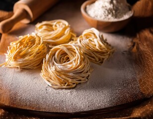 Homemade linguine pasta nest with flour on wooden board