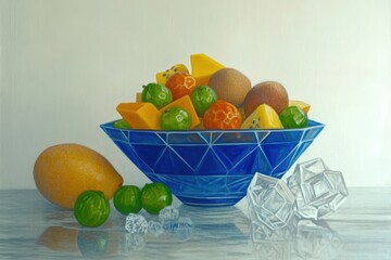 Guava, Mango, and Papaya in Blue Bowl: Exotic fruits piled in a textured blue ceramic bowl