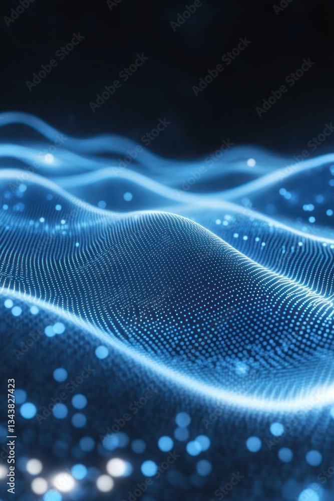 Poster abstract blue wave patterns with glowing particles in a dark background