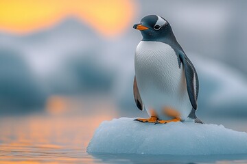 Fototapeta premium Photorealistic penguin on floating ice block at sunset