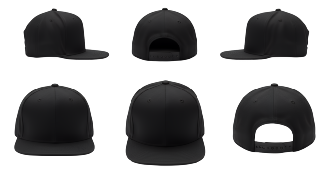 Detailed Product Shot Five Black Snapback Hats on White Background