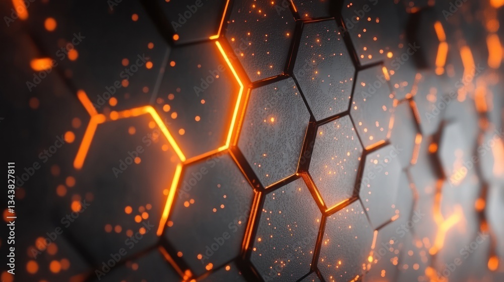Poster hexagonal pattern with glowing edges and sparks on surface