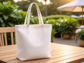 A white tote bag sits on a wooden table, with a blurred outdoor patio scene in the background featuring potted plants and a white umbrella.
