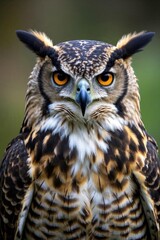 Obraz premium arafed owl with orange eyes and black and white feathers