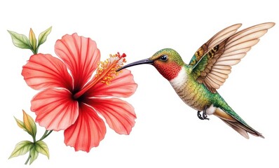 Colorful hummingbird hovering near hibiscus flower