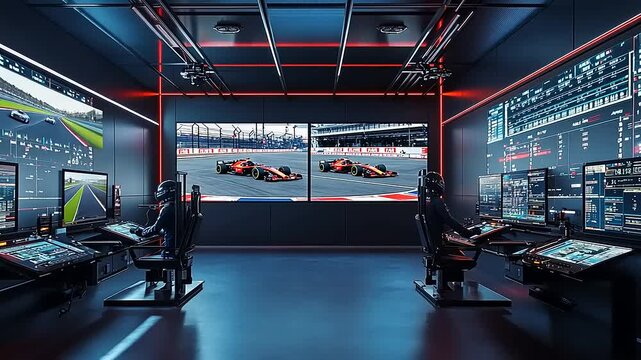 High-tech racing control room with monitors displaying live car racing action and data analytics - Powered by Adobe
